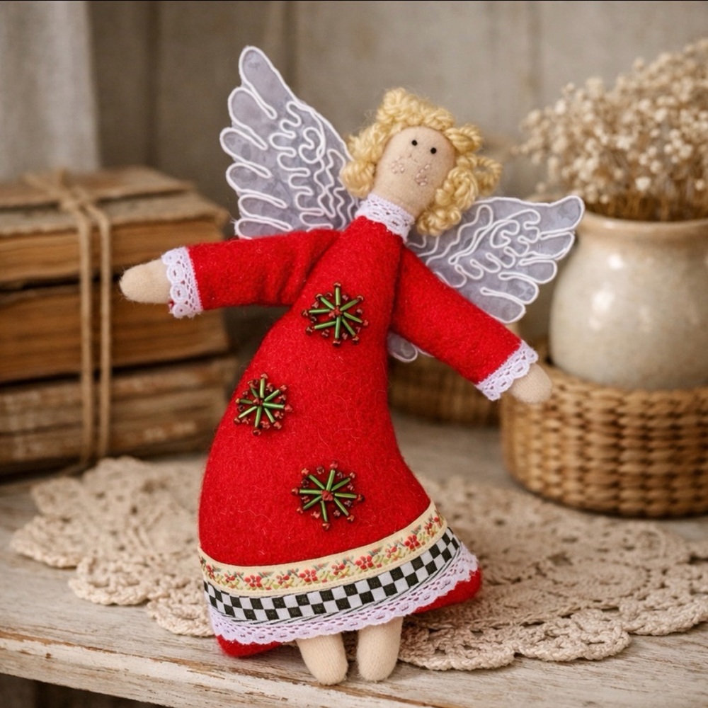 Vintage Handmade Felt Angel Doll Ornament Red Sheer Wings Folk Art Christmas